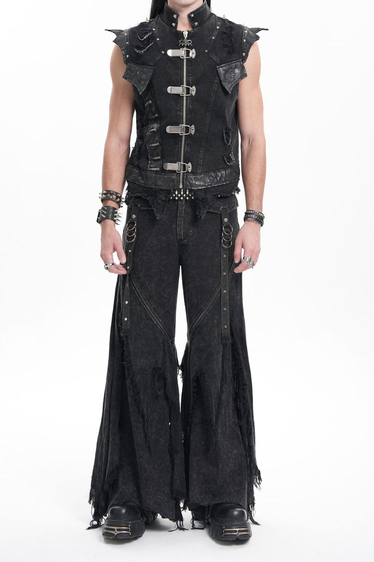 Black Ripped Rings Studs Men's Gothic Pants - Product - 5