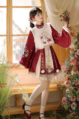 Red Round Collar Long Lantern Sleeves High Waisted Embroidered Women's Sweet Hanfu Dress Set - Product - 5