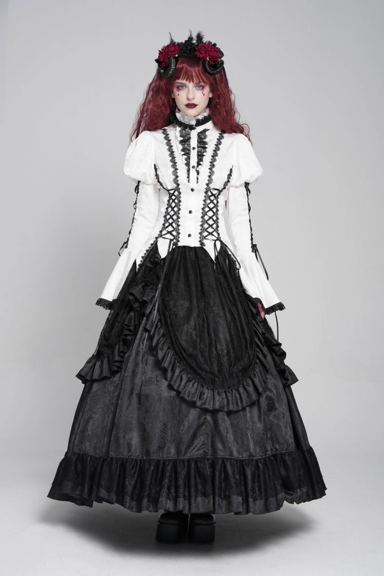 White Stand Collar Long Puff Sleeves Floral Jacquard Lace-Up Women's Gothic Blouse - Product - 5