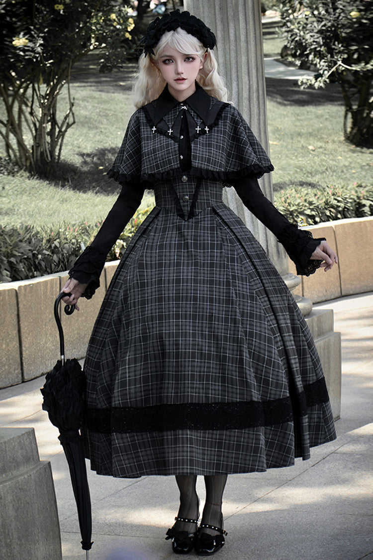Black Chest Support Plaid Print Ruffle Gothic Lolita Dress - Black - 1