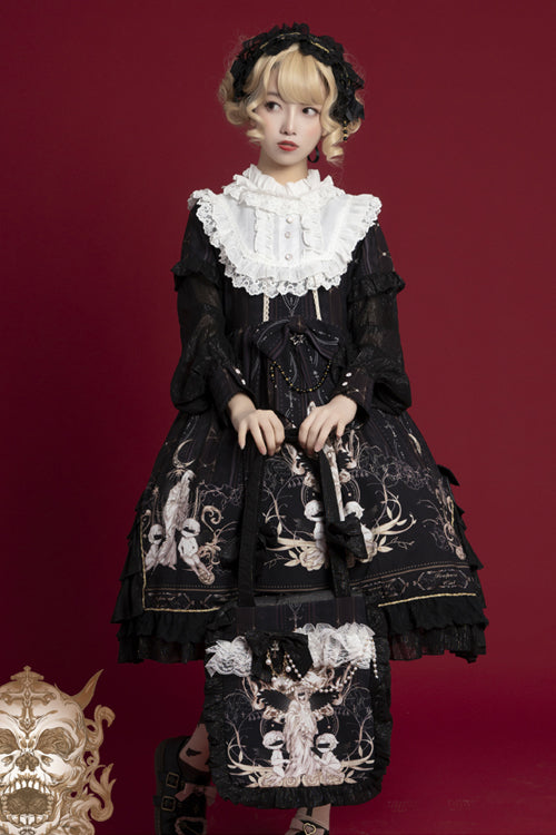 Round Collar Ruffled Long Sleeves Reunion World Print Classic Lolita OP Dress - Black - 3
