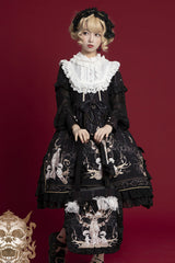 Round Collar Ruffled Long Sleeves Reunion World Print Classic Lolita OP Dress - Black - 3