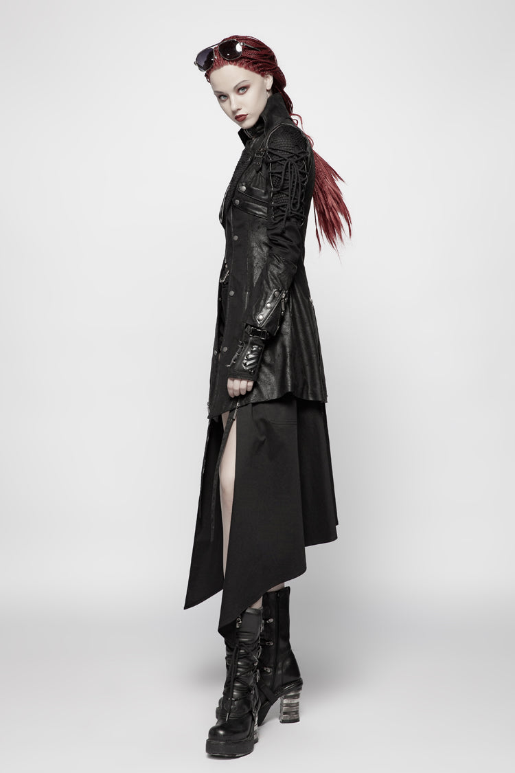 Black Metal Buckle Decoration Zipper Womens Steampunk Windbreaker Coat - Product - 5