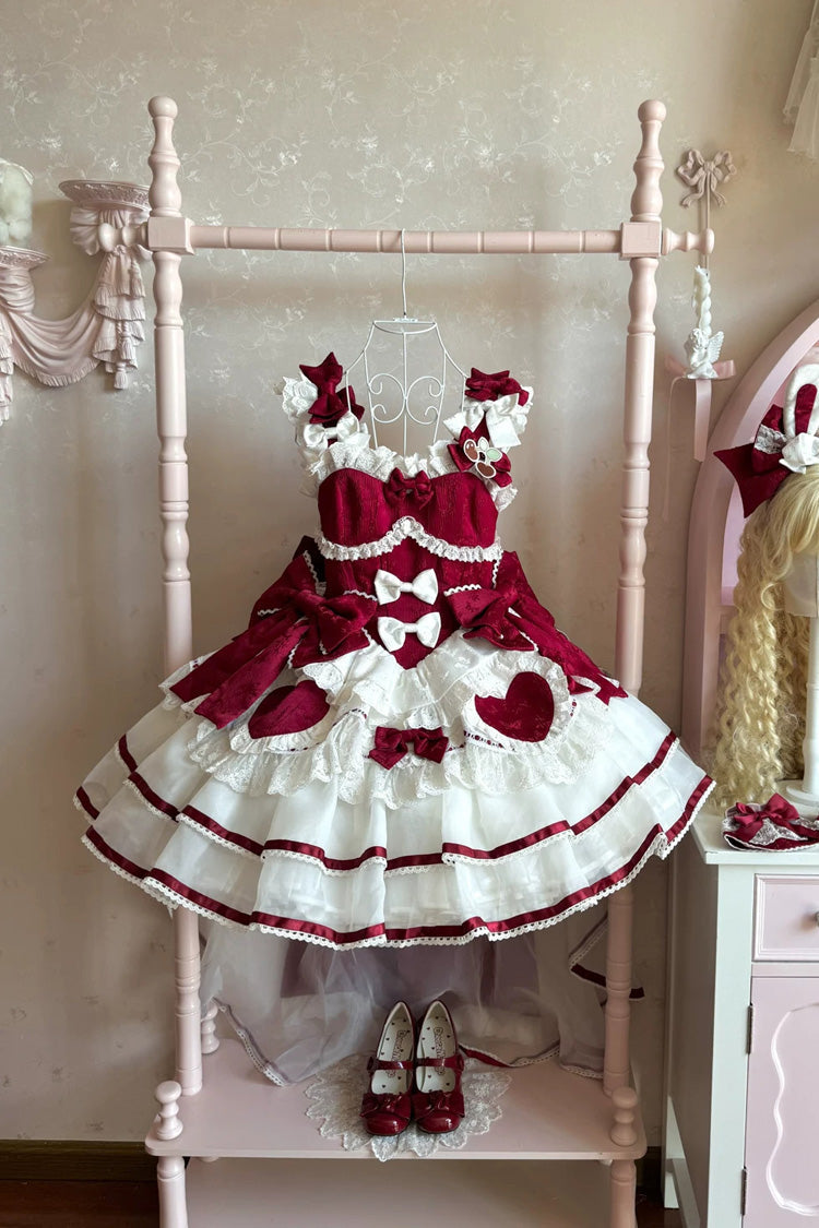 Red [Velvet Rabbit] Sleeveless Multi-Layered Ruffled Bow Sweet Lolita Jsk Dress Set - Product - 7