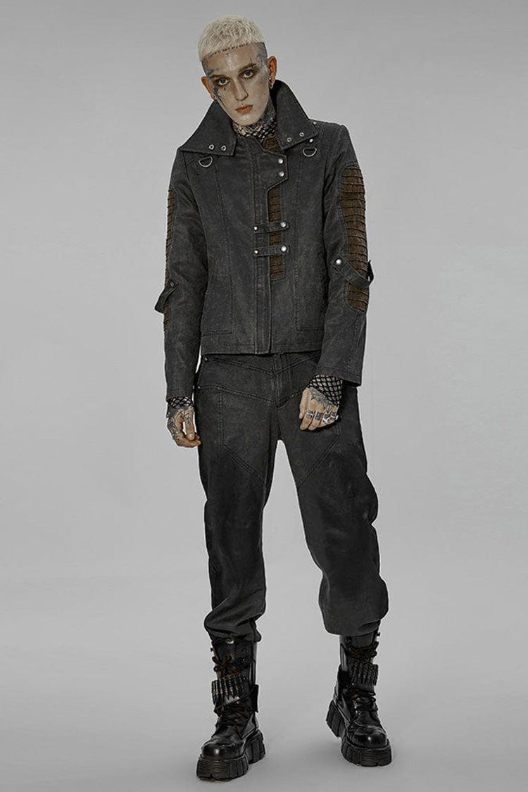 Grey Punk Post Apocalyptic Stitching Asymmetric High Neck Metal Embellished Short Loose Men's Coat - Product - 4