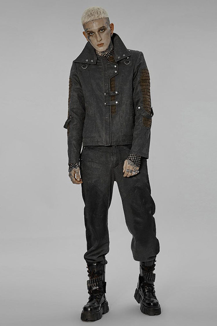 Grey Punk Post Apocalyptic Stitching Asymmetric High Neck Metal Embellished Short Loose Men's Coat - Product - 4
