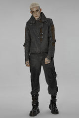 Grey Punk Post Apocalyptic Stitching Asymmetric High Neck Metal Embellished Short Loose Men's Coat - Product - 4