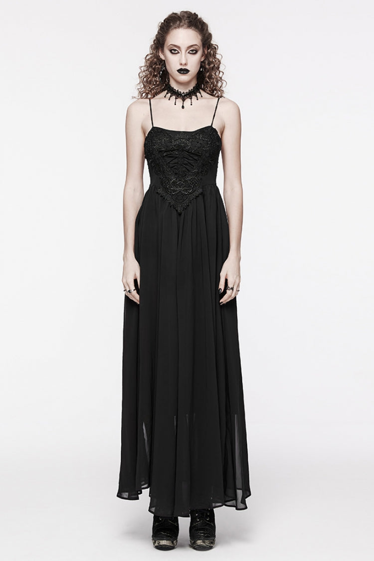 Black Floral Embroidery Lace-Up Women's Gothic Slip Dress - Black - 1