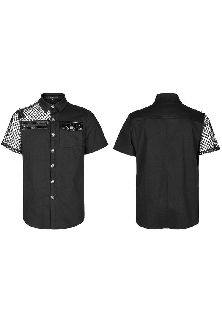 Black Punk Elastic Cotton Twill Fabric Spliced Diamond Mesh Asymmetrical Personality Short Sleeve Men's Shirt - Product - 5