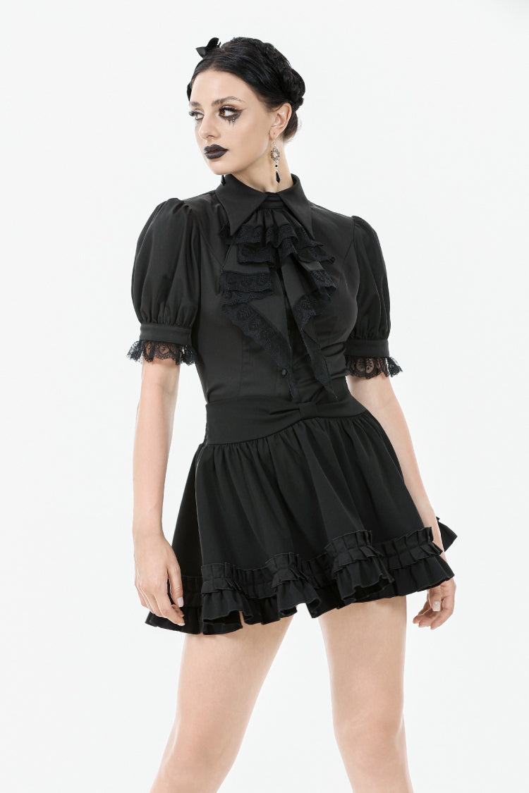 Black Point Lapel Collar Short Puff Sleeves Women's Gothic Blouse with Removable Rosette Cravat - Product - 5