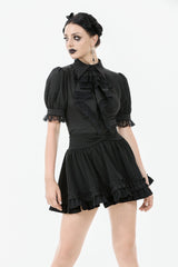 Black Point Lapel Collar Short Puff Sleeves Women's Gothic Blouse with Removable Rosette Cravat - Product - 5