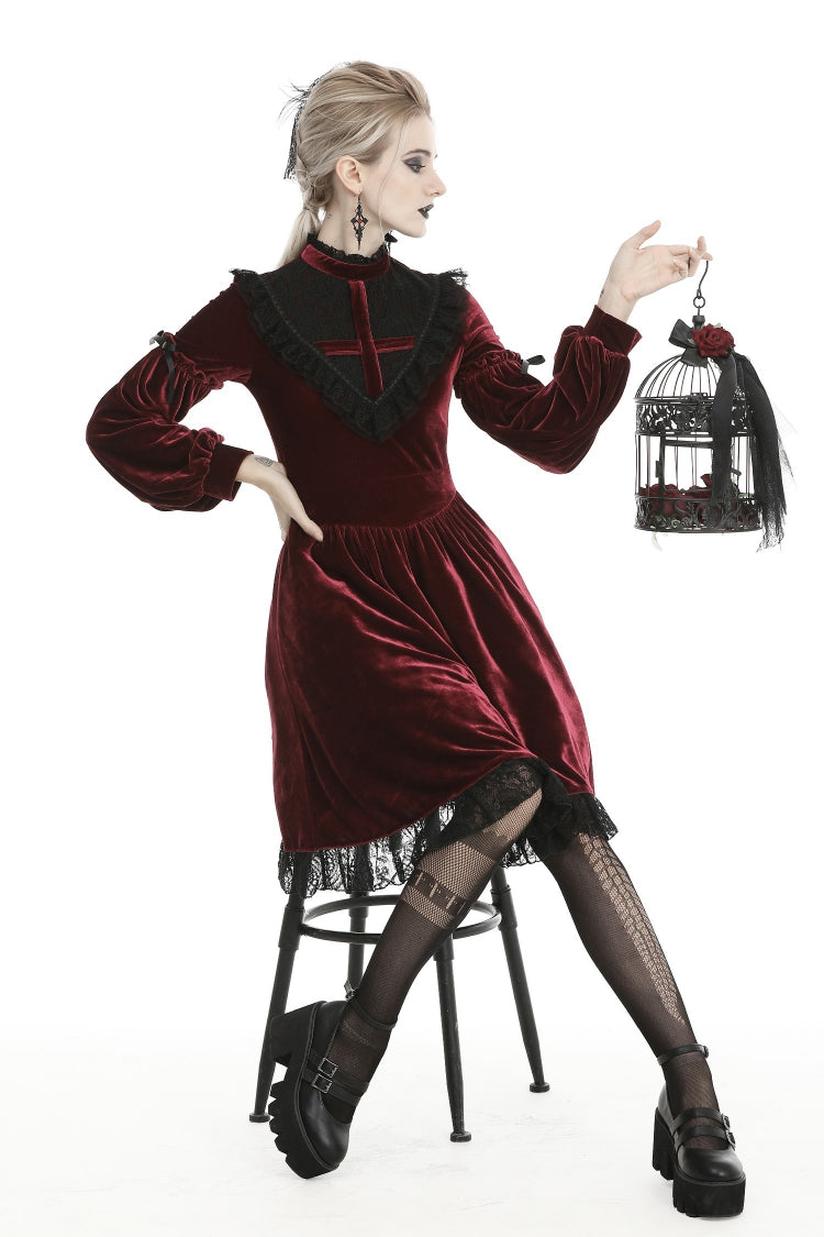 Red Vintage Long Sleeves Lace Collar Cross Women's Gothic Velet Dress - Product - 5