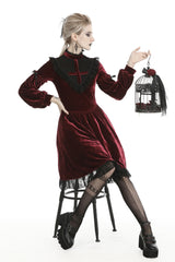 Red Vintage Long Sleeves Lace Collar Cross Women's Gothic Velet Dress - Product - 5