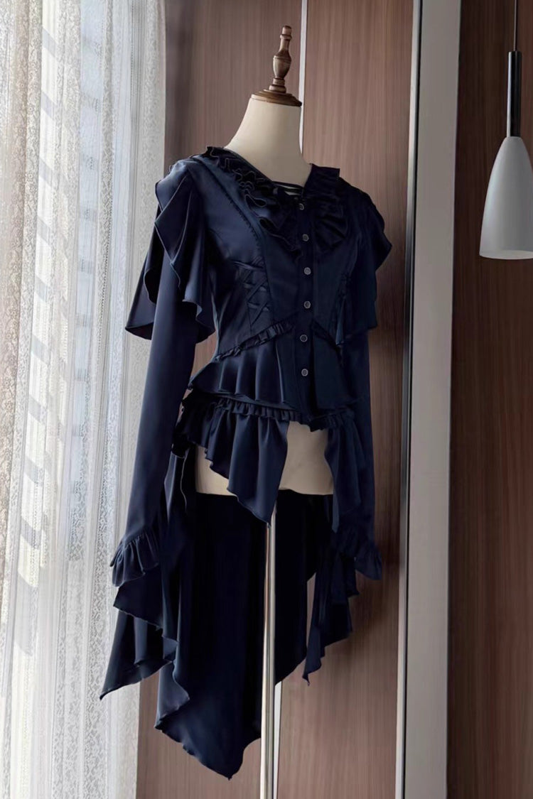 [Echoes of the Deep Sea] Long Hime Sleeves Ruffled Bow Lace-Up Gothic Ouji Lolita Blouse 4 Colors - Blue - 4