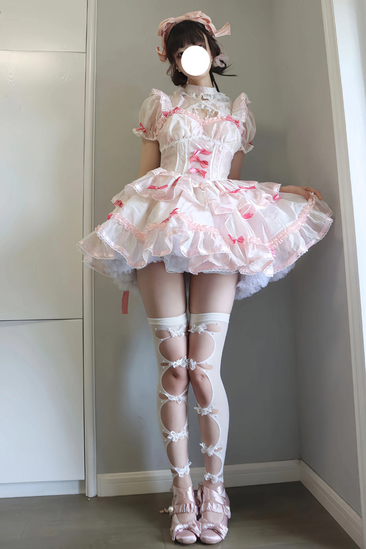 White/Pink Multi-layer Ruffle Ballet Bowknot Sweet Lolita Jsk Dress - Product - 4