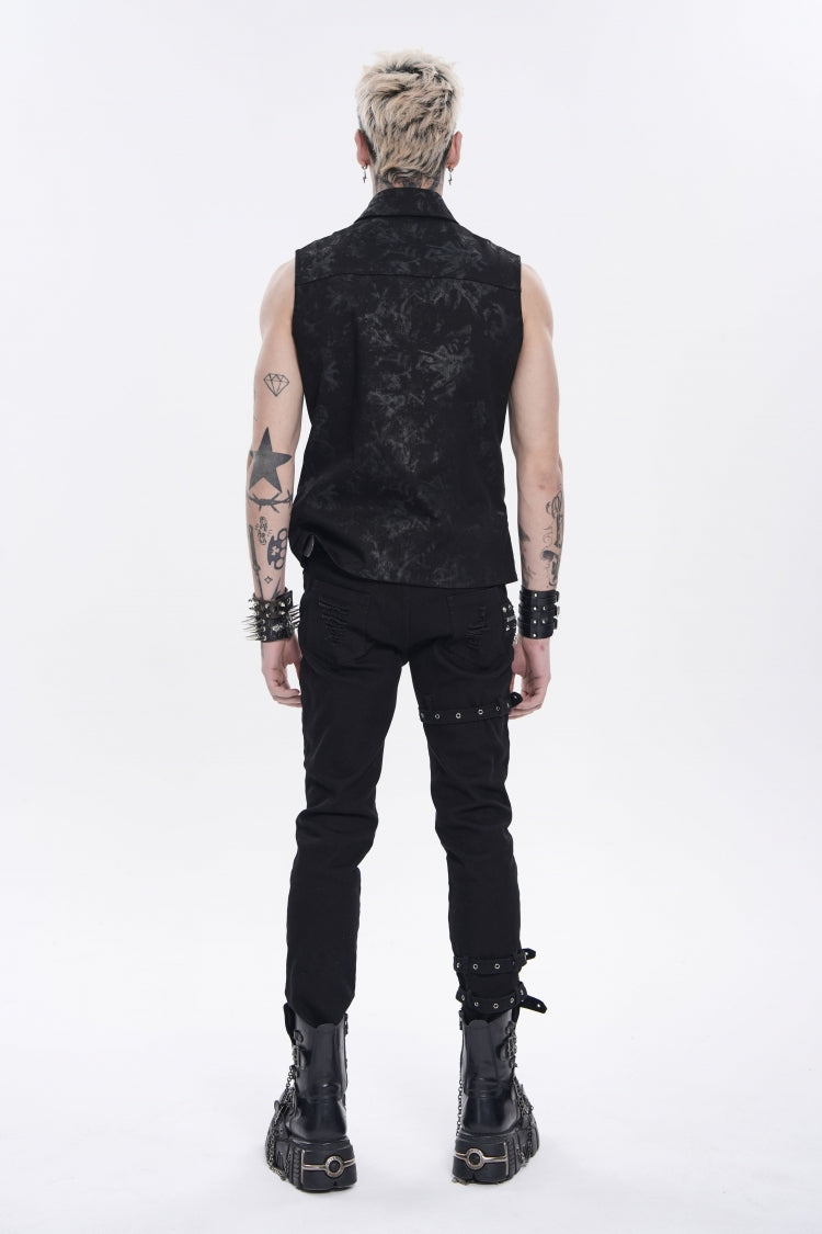 Black Lapel Collar Sleeveless Multi-Layered Printed Tie-dyed Buckled Men's Punk Shirt - Product - 4