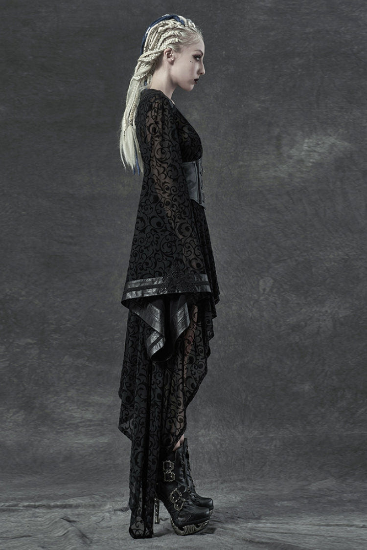Black V Collar Long Trumpet Sleeves Embroidery Lace Girdle Irregular Womens Gothic Dress - Product - 2