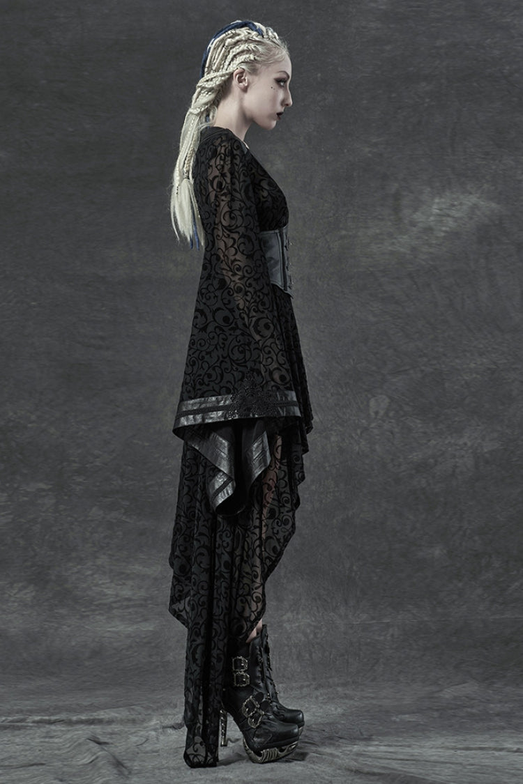 Black V Collar Long Trumpet Sleeves Embroidery Lace Girdle Irregular Womens Gothic Dress - Product - 2