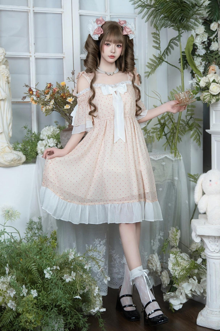 Pink Off Shoulder Short Sleeves Polka Dots Printed Ruffled Bow Lace Sweet Elegant Palace Lolita Dress - Product - 4