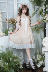 Pink Off Shoulder Short Sleeves Polka Dots Printed Ruffled Bow Lace Sweet Elegant Palace Lolita Dress - Product - 4