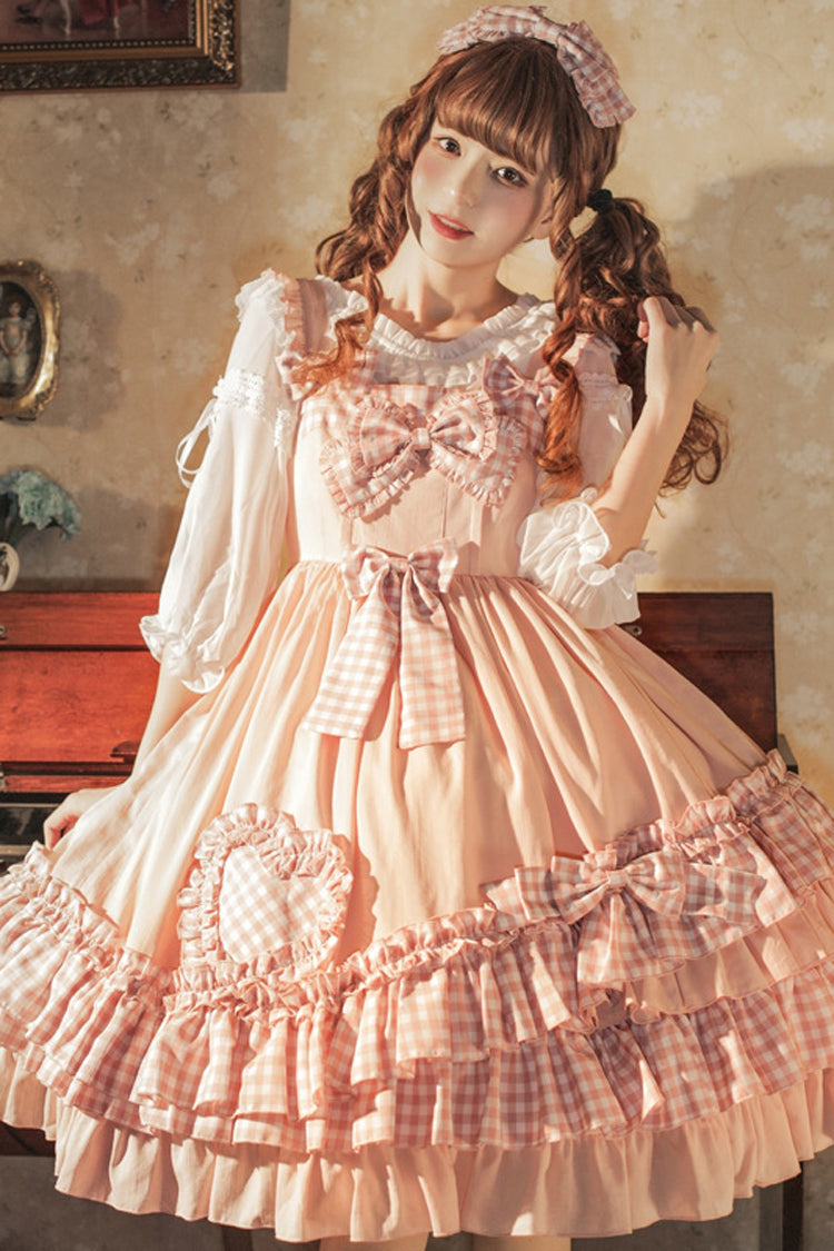 Pink Love Heart Shape Pockets Bowknot Ruffled Multi-Layer Sweet Lolita Jsk Dress - Product - 3