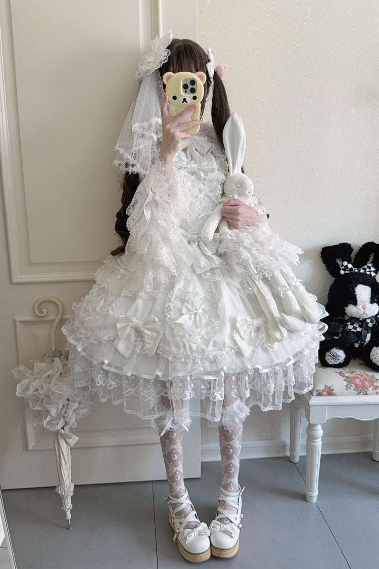 White [Sweetheart] Sleeveless Multi-Layered Embroidered Bow Lace Lace-Up Sweet Lolita Jsk Dress - Product - 2