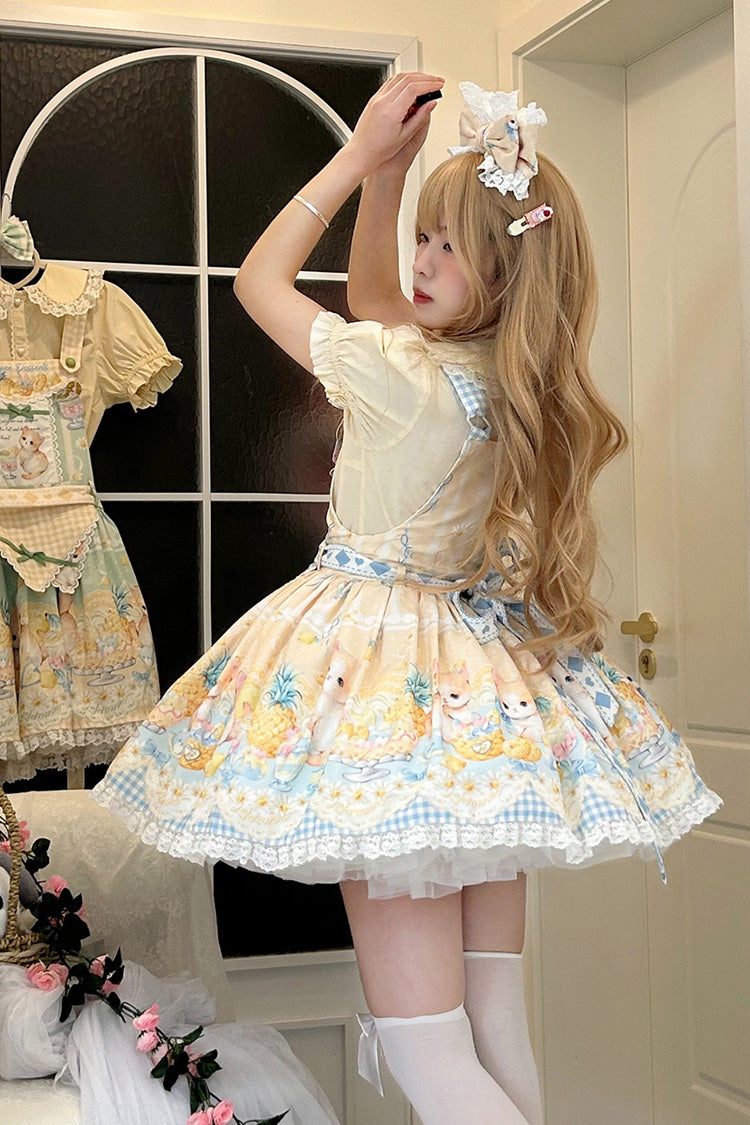 Yellow [Pineapple Cat] Print Sleeveless Bowknot Lace Sweet Lolita Strap Dress - Product - 3