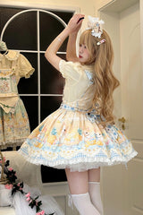 Yellow [Pineapple Cat] Print Sleeveless Bowknot Lace Sweet Lolita Strap Dress - Product - 3
