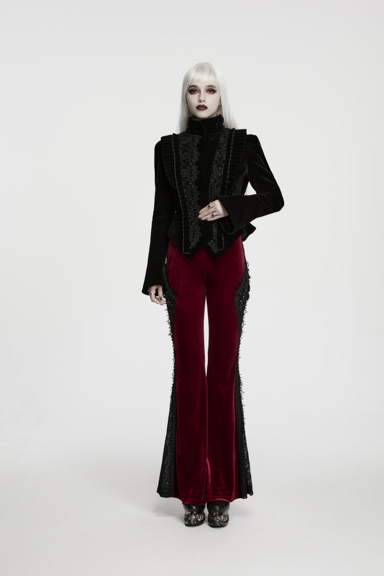 Red Patchwork Slim Fit Women's Gothic Floral Lace Spliced Beaded Tassel Flare Pants - Product - 5