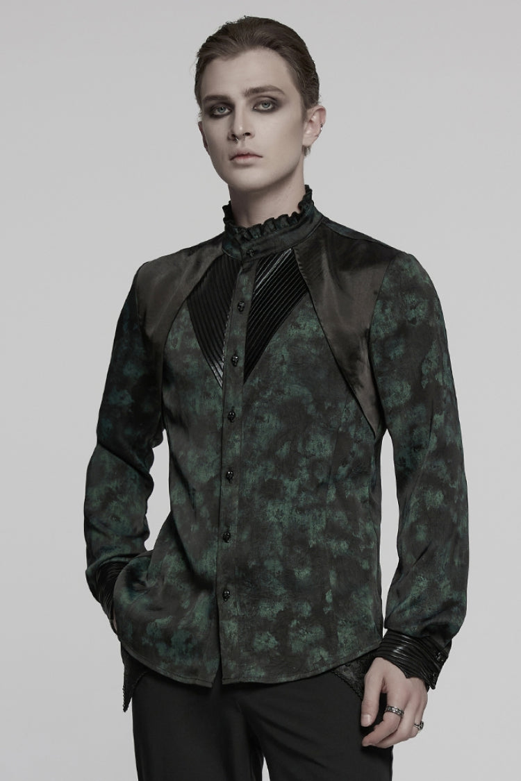 Black/Green Stand Collar Long Sleeves Ruffle Pleated Men's Gothic Blouse - Black/Green - 1