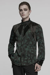 Black/Green Stand Collar Long Sleeves Ruffle Pleated Men's Gothic Blouse - Black/Green - 1