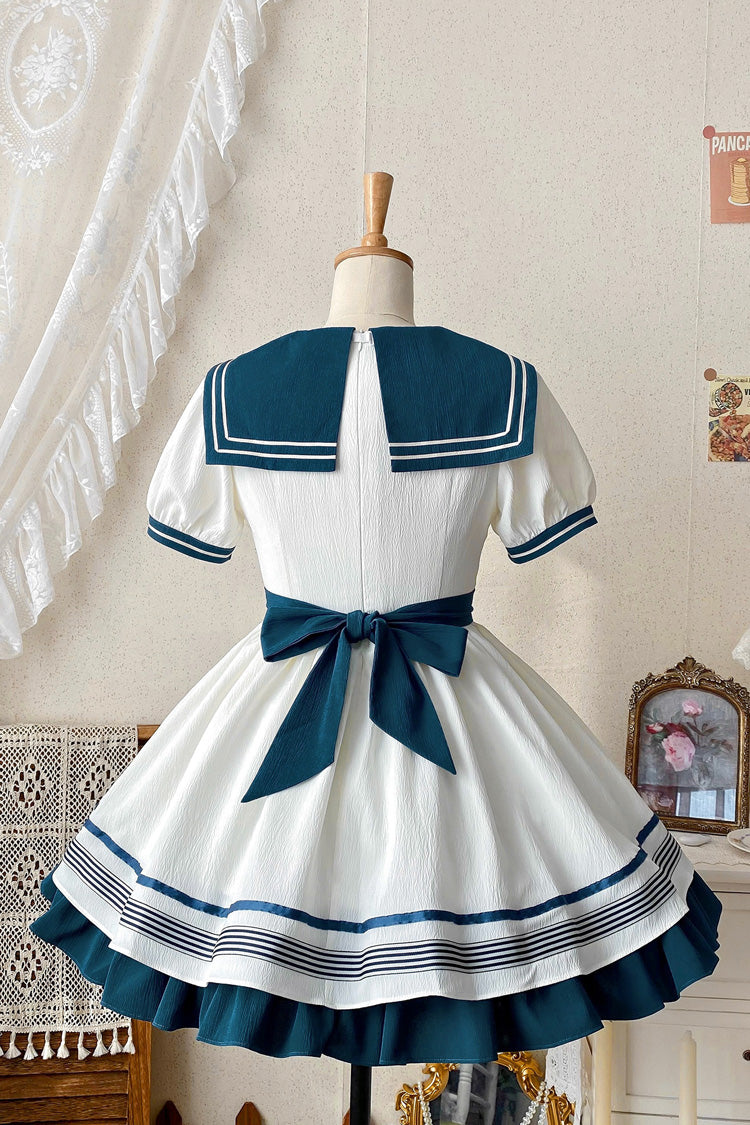 White/Green Navy Collar Short Sleeves Ruffle Bowknot Sweet Lolita Dress - Product - 3