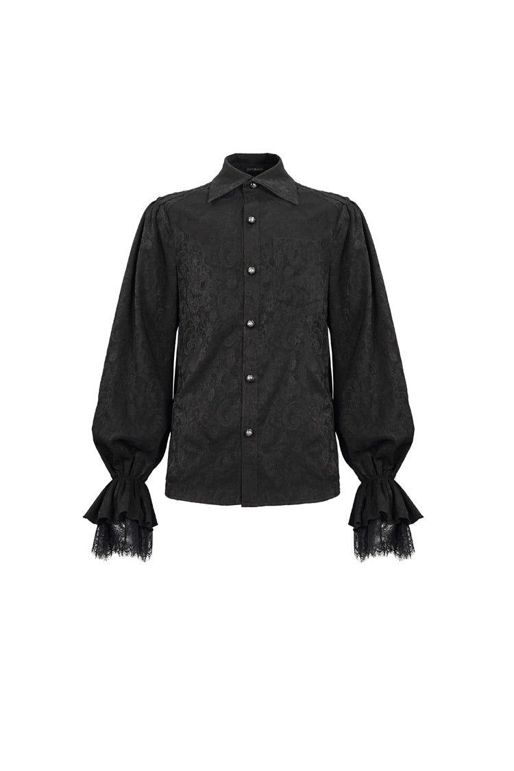 Black Lapel Collar Puff Sleeved Lace Hem Men's Gothic Shirt - Product - 6