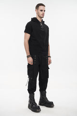 Black Hooded Mesh Splice Zipper Back Openwork Lace-Up Casual Short Sleeve Men's Punk T-Shirt - Product - 5
