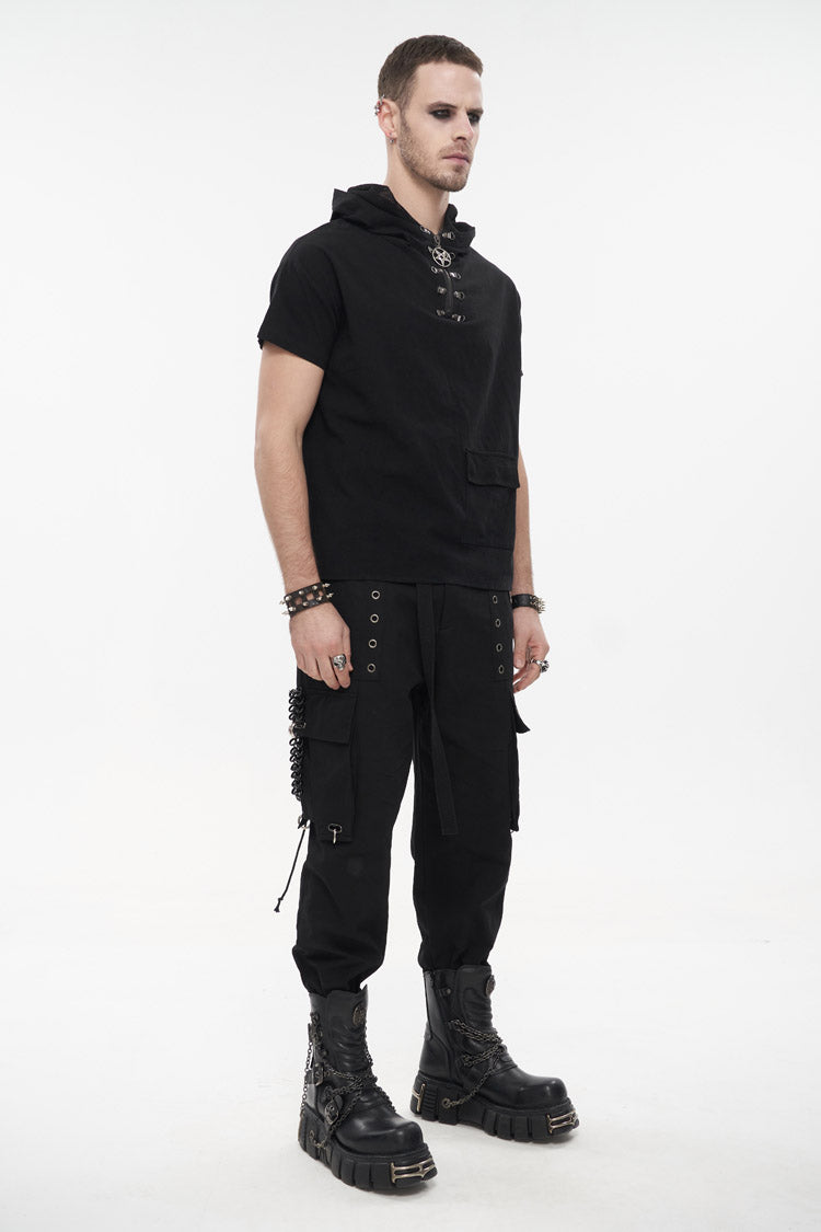 Black Hooded Mesh Splice Zipper Back Openwork Lace-Up Casual Short Sleeve Men's Punk T-Shirt - Product - 5