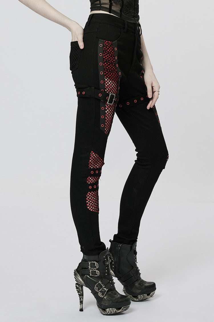 Stitching Slim Mesh Buckles Eyelets Women's Steampunk Leggings 2 Colors - Product - 10