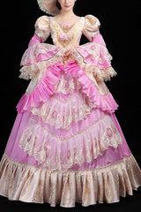 Trumpet Sleeves High Waisted Ruffled Multi-Layer Hollow Embroidery Print Victorian Lolita Prom Dress - Pink - 1