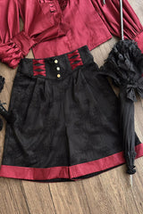 Black/Red [Moonlit Return] Jacquard Printed Lace-Up Gothic Elegant Ouji Lolita (Blouse/Pants/Shorts/Vest) - Shorts(Only) - 10