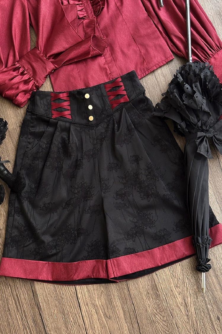 Black/Red [Moonlit Return] Jacquard Printed Lace-Up Gothic Elegant Ouji Lolita (Blouse/Pants/Shorts/Vest) - Shorts(Only) - 10