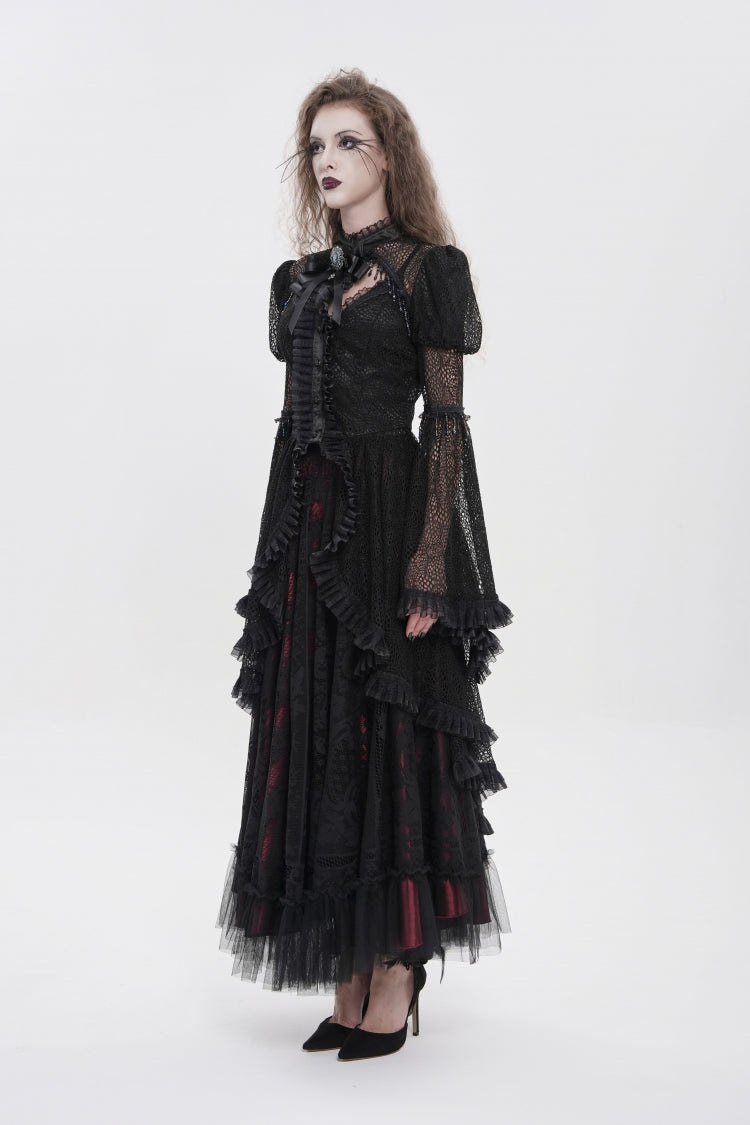 Black Stand Collar Long Trumpet Sleeves Cut-Out Women's Gothic Gorgeous Blouse - Product - 2