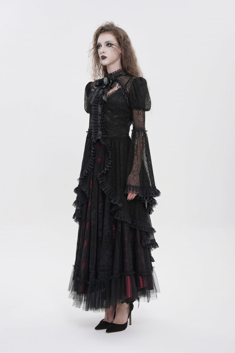 Black Stand Collar Long Trumpet Sleeves Cut-Out Women's Gothic Gorgeous Blouse - Product - 2