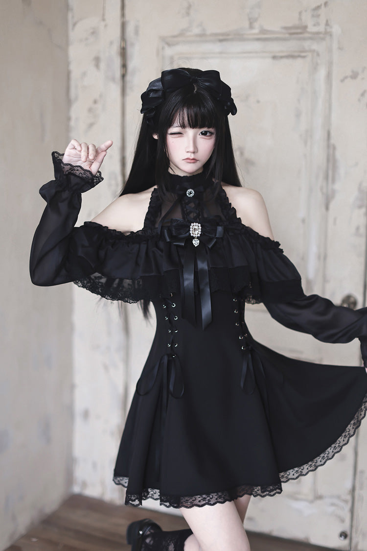 Black Off Shoulder Halterneck Long Sleeves Ruffled Bow Lace-Up Gothic Japanese Jirai Kei Dress - Product - 5