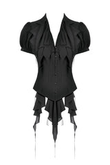 Black Multi-Layered Deep V Collar Pleated Short Puff Sleeves Lace-Up Gothic Blouse - Product - 3