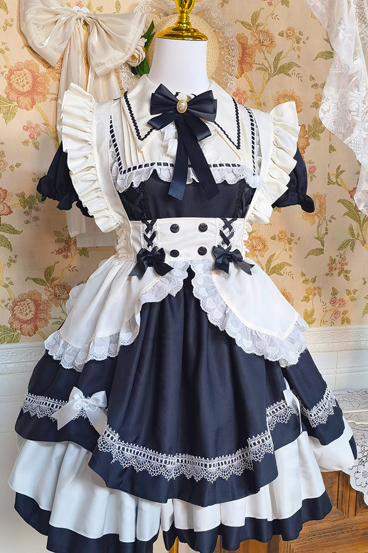 Black/White Short Sleeves Triple-Layered Ruffle Bowknot Lace Sweet Plus Size Maid Lolita Dress Set - Product - 5