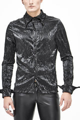 Black Twill Fold Collar Sharp Corner Cuff Light Metal Ring Webbing Men's Punk Shirt - Black - 1
