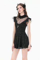 Black Ruffled Mock Neck Floral Cross Lace Splice Sheer Mesh Sleeveless Lace-Up Women's Gothic Dress - Product - 6