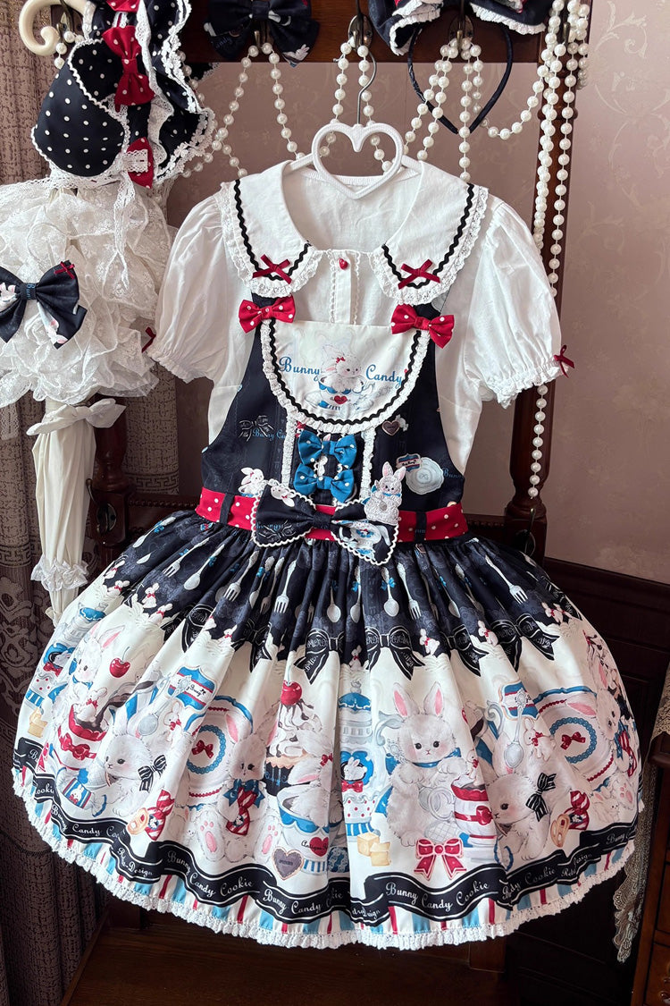 Black [Mystery Rabbit Tea Party] Sleeveless Print Bowknot Lace Sweet Lolita Strap Dress - Black - 1