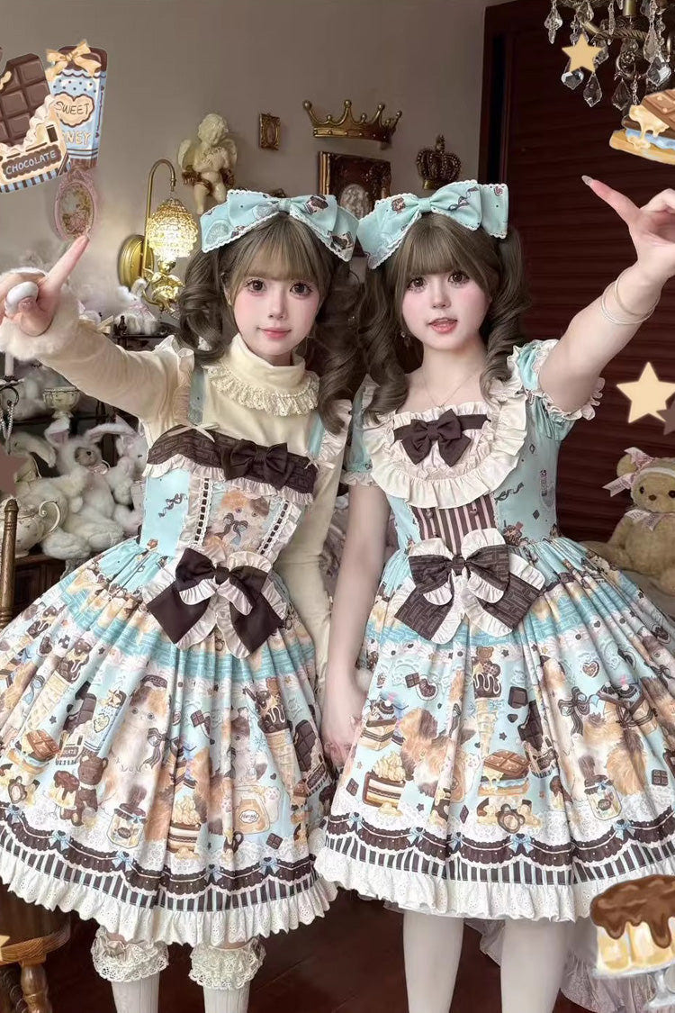 [Chocolate Cake Party] Square Collar Sleeveless Printed Ruffled Bow Daily Sweet Lolita Jsk Dress 2 Colors - Yellow/Green - 1