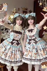 [Chocolate Cake Party] Square Collar Sleeveless Printed Ruffled Bow Daily Sweet Lolita Jsk Dress 2 Colors - Yellow/Green - 1