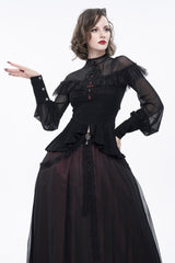 Black Retro Perspective Sexy Turtleneck Lace Panel Mesh Lantern Sleeve Women's Gothic T-Shirt - Product - 9